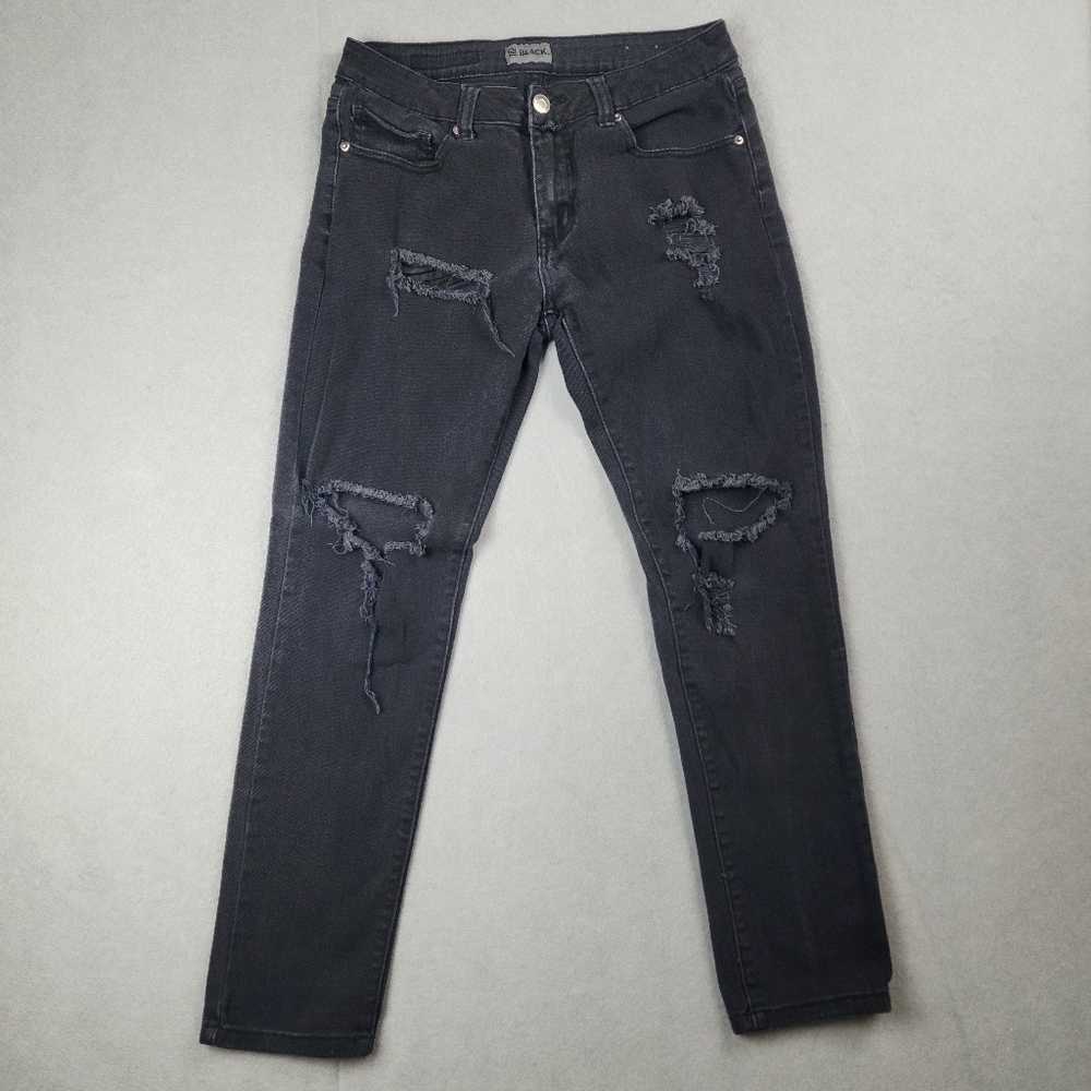 CJ Black Skinny Flex Jeans Black Womens Size 31 Distressed Holes Zip Stretch